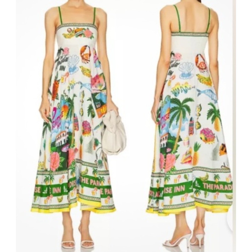 Rachel Zoe Tropical‎ Inn Maxi Dress Large Womens Paradiso Banana Crab Fish Print